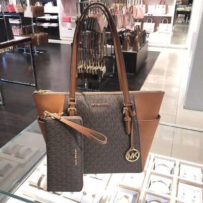 Michael Kors Shoulder Purse Handbag Purse Tote Bag Brown + Long Wallet Clutch MK - Image 1 of 4