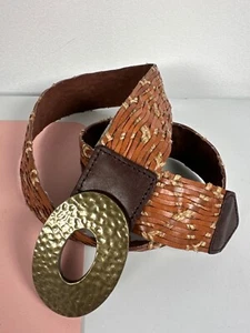 Cintura Donna Grande Pelle Ovale Tono Oro Fibbia Regolabile Marrone Tessuto Boho - Foto 1 di 10