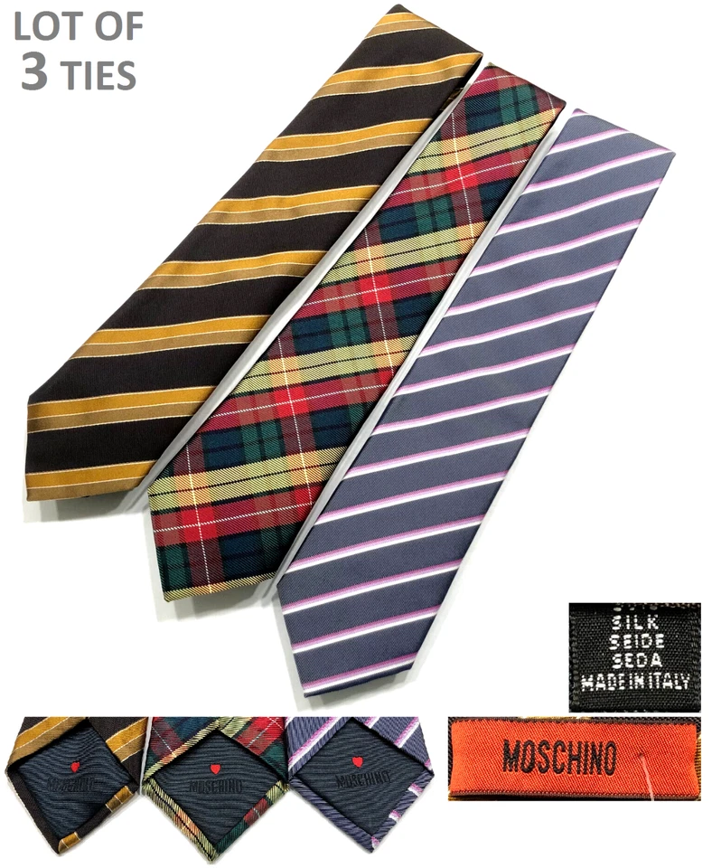 MOSCHINO NUEVO RAYAS/TARTÁN 100% SEDA HECHO EN ITALIA W3.25" L59" - LOTE DE 3 CORBATAS Foto 1 de 4