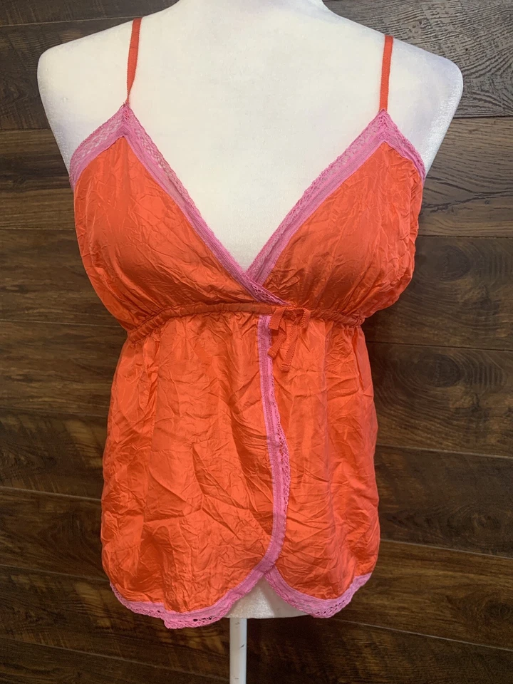 Victoria Secret Camisole Small PINK Silk Orange Pink Lace Vintage Rare Babydoll - Image 1 of 4