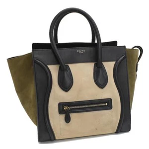 Celine Luggage Mini Shopper Handbag Suede Leather Black Beige Khaki USED Auth - Picture 1 of 9