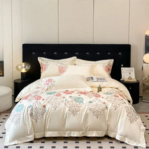 Bedding Set 4pcs Pure Cotton Embroidery Duvet Cover Bed Sheet 2 Pillowcases Set - Picture 1 of 17