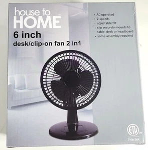 House to Home 6 In. Desk Clip On Fan 2 in 1 AC Operated 2 Speed Settings Black - Picture 1 of 4