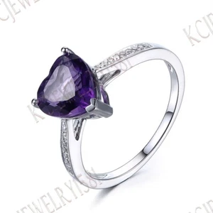 Sterling Silver Heart Shape Amethyst Diamonds Gemstone Gift Ring Setting Jewelry - Picture 1 of 9