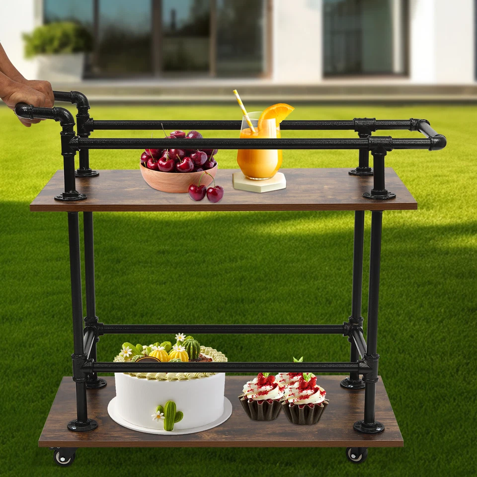 2-Tier Industrial Coffee Table Bar Cart Trolley Rolling Casters Wheels Wine Rack - Image 1 of 4