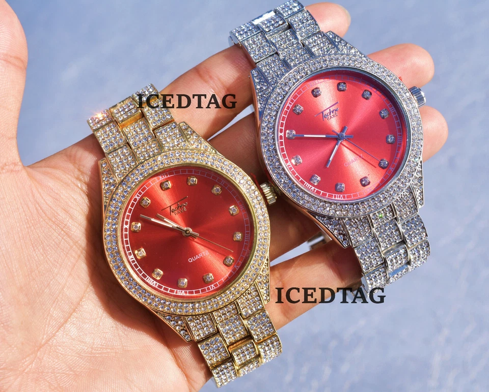 RELOJ HIP HOP HELADO BLING-ED OUT RAPERO LABORATORIO DIAMANTE PARA HOMBRES ESFERA ROJA LUJO ELEGANTE Foto 1 de 1