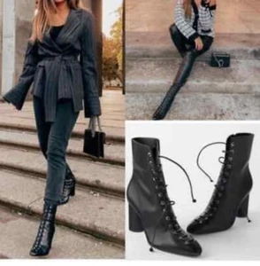 ZARA Black Lace Up High Heel Zip Up Mid-Calf Boots Cottage Core EU 41 US 8 - Picture 1 of 10