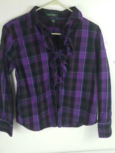 Lauren Ralph Lauren LRL Womens purple & black plaid ruffle blouse long sleeve LG - Picture 1 of 6