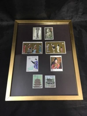 Japanese Stamps Vintage Set 1960s & 70s Framed Buddha Temples Maidens Geisha - Image 1 of 4