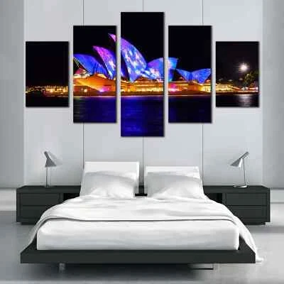 Illuminated Sydney Opera House Australia City Lights 5 Panel Canvas Wall Art - Image 1 of 4