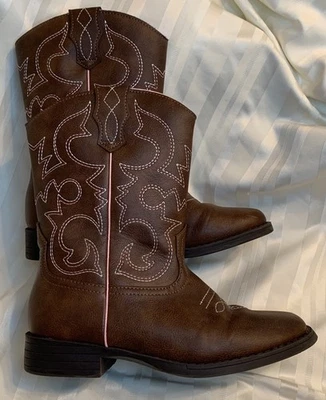 Wonder Nation Western Boots Big Girls Size 3 Brown Pink Embroidered Square Toe - Image 1 of 4