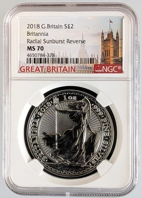 2018 £2 GREAT BRITAIN 1OZ SILVER NGC MS70 BRITANNIA Radial Sunburst Reverse - Image 1 of 2