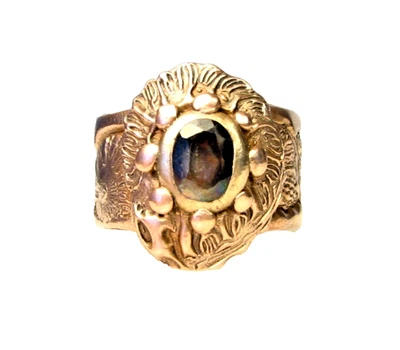 Anel de amonita estilo antigo bronze dourado - Pedra de safira - Tamanho 9 - Imagem 1 de 3