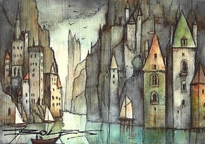 ORIGINAL Hand Painted Pen and Watercolor (ACEO) Echo of the Oarsmen - Picture 1 of 1