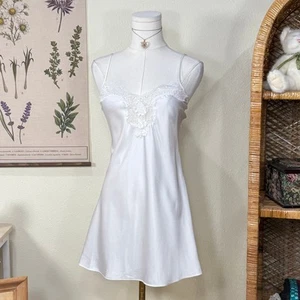 Vintage 90s White Satin Embellished Mini Slip Dress Ethereal Coquette Romantic S - Picture 1 of 6