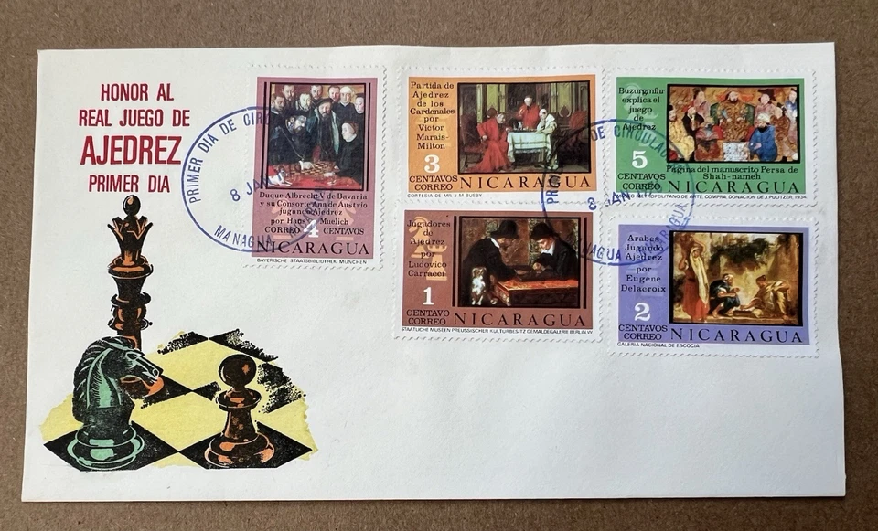 Nicaragua 1963 Chess Art Stamps FDC • Medieval Paintings • Hand Painted Cachet - Image 1 of 4