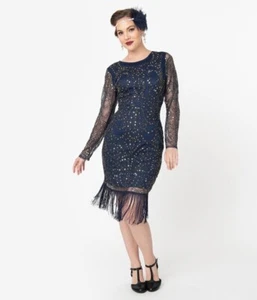 Unique Vintage Beaded Navy Fringe Flapper Dress Sz Small Roaring 20s Gatsby - Picture 1 of 7