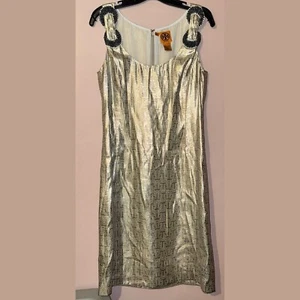 Tory Burch Oro Metallic Seta Senza Maniche Beaded Dress Taglia 10 - Foto 1 di 12
