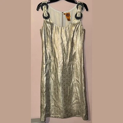 Vestido Tory Burch Dorado Metálico Seda Sin Mangas Cuentas Talla 10 Foto 1 de 4