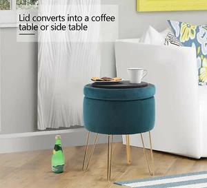 Round Storage Ottoman Removable Lid Tufted Vanity Chair Footstools Heavy Duty - Picture 1 of 10
