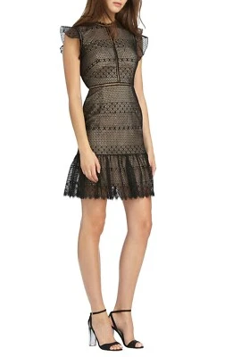 Monique Lhuillier Black Nude Lace Ruffle Flutter Sleeve Flounce Hem Mini Dress 6 - Image 1 of 2