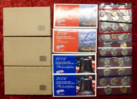 5 2006 P D U.S. Mint Unc Coin Sets, P & D Mint, 100 Coins, U06 Boxes, 3 Sealed Cover