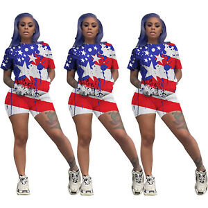 Womens Casual 2PC Fourth Of July American Flag 2PC T-Shirt Shorts Outfit Set