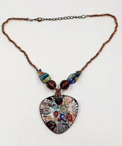 Murano Style Glass Heart Shaped Necklace Multicolor EUC  - Picture 1 of 3