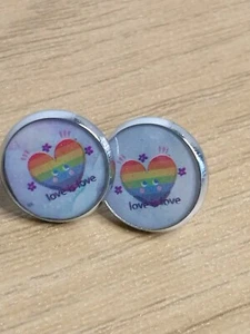 Silver bezel Stud Pride Heart earrings LGBTQ+ - Picture 1 of 7
