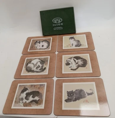Jason Placemats Set of 6 Dehong Chen Cats Art Signed 1995 Boxed - Image 1 of 4