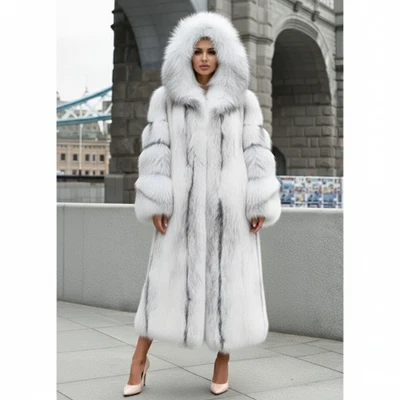 Abrigo largo de piel sintética blanco de lujo con capucha | Abrigo de piel largo completo elegante de invierno Foto 1 de 4