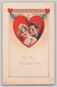 To My Valentine Couple in Red Heart Early 1900s Litho Postcard Made in USA - Picture 1 of 3