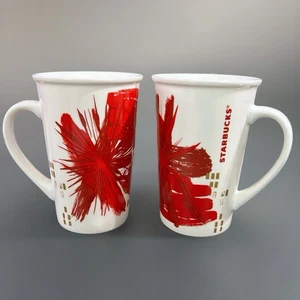 Starbucks Coffee Mugs Christmas 2014 Set of 2 Holiday Mug Poinsettia 12 oz Cups - Picture 1 of 6