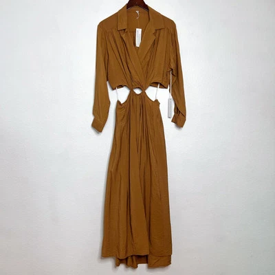 Maxi Vestido Young Fabulous & Broke Talla Grande Marrón Mangas Largas Bolsillos Recortes  Foto 1 de 4