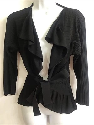 Cárdigan Valentino Top Negro Volantes Ribete Cinta Frontal Corbata Acanalada Tejido 3/4slv Talla M Foto 1 de 4