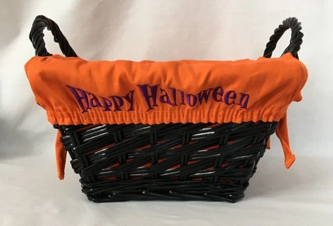 Black Halloween Treat Basket w Handles Embroidered Removable Orange Fabric Liner Cover