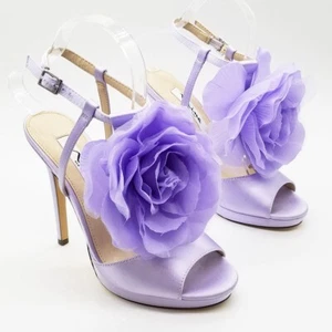 Nina Brijida Ankle Strap Sandal Royal Lilac Satin Heels Flower Rosette Women 7.5 - Picture 1 of 18
