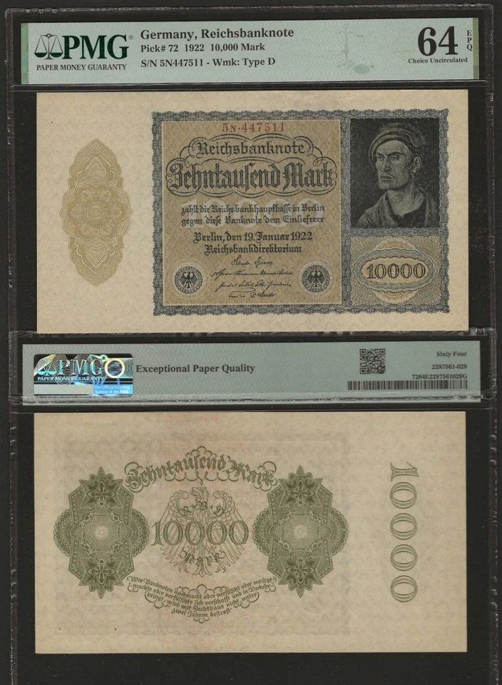 GERMANY 10000 Mark 1922, P-72, Gigantic Banknote, PMG 64 EPQ Choice UNC - Image 1 of 1