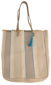 Tote Shoulder Bag Farmers Market Straw Fringe Rope Handles Beige Blue Yellow 14" - Picture 1 of 7
