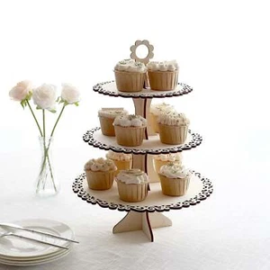 NATURAL 16" Wooden 3 Tier Cupcake Dessert DISPLAY STAND Floral Edge Party Events - Picture 1 of 8
