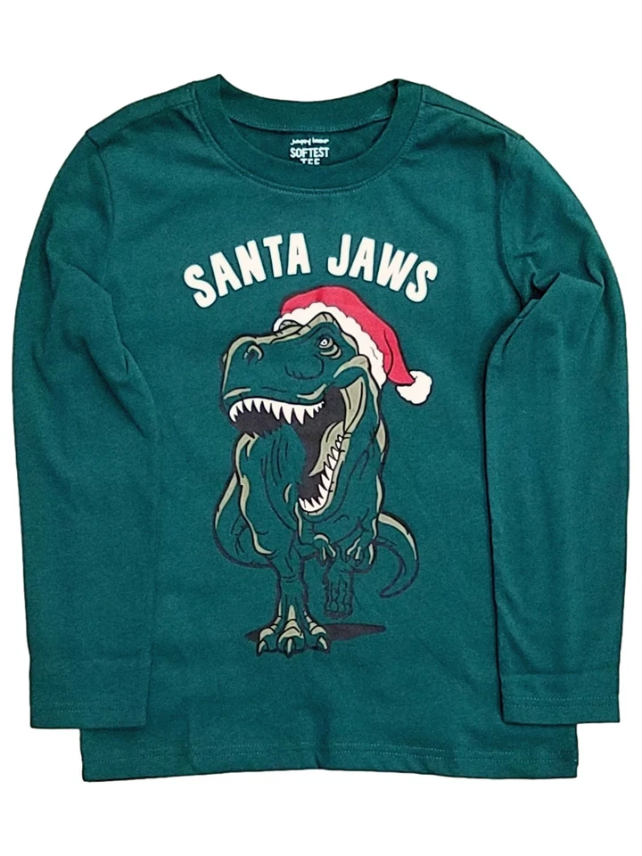 Jumping Bean Boys Green Santa Jaws Long Sleeve Christmas Holiday Tee Shirt - Image 1 of 1
