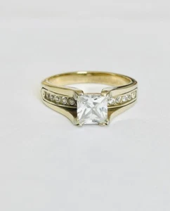 Square Cut CZ Gold Plated Stainless Steel Ring TK316 w/ Round Accent Stones Sz 8 - Picture 1 of 11