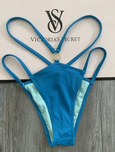 S Victoria Secret Strappy Kamari Gold Logo Brazilian Blue Swim Bottom NEW - Picture 1 of 2
