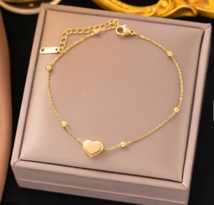 18K Gold Plated Stainless Steel Beaded Heart Charm Pendant Bracelet - Picture 1 of 2
