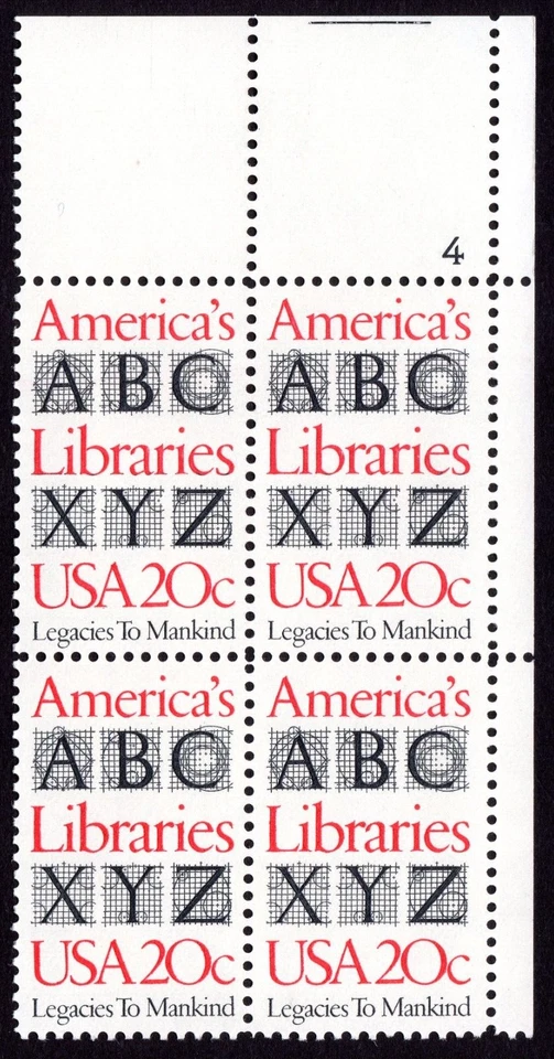 Scott #2015 America's Libraries Plate Block of 4 Stamps - MNH P#4 UR - Image 1 of 1