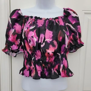 NWT Bar III Macy's Black Purple Floral Puff Sleeve Cropped Blouse Size Small - Picture 1 of 7