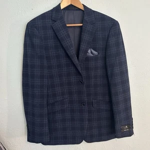 Renoir Men’s 38 Short And Slim Fit Checkered Blue Suit Jacket - Picture 1 of 14