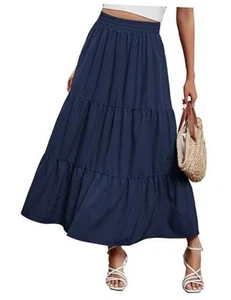 Maxi Skirt for Women Summer Boho Elastic High Waist Pleated XX-Large Navyblue - Picture 1 of 7