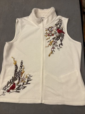 Croft & Barrow Sz L Embroidered White Fleece Sherpa Zip Vest Cardinal Birds - Image 1 of 4