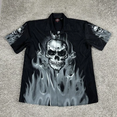 Dragonfly Roadhouse Shirt Mens Large Black Skull Flames Button Up Camp Biker - Image 1 of 4